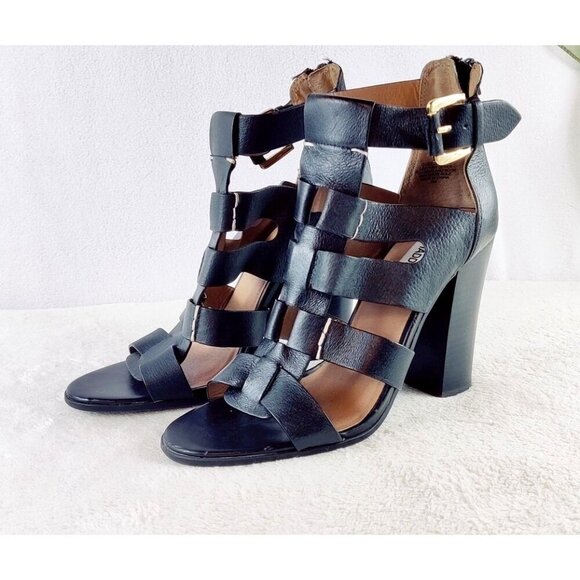 Steve Madden Black Leather Gladiator Sandal Stacked 4" Black Heel Sexy Size 7.5 - Picture 1 of 10